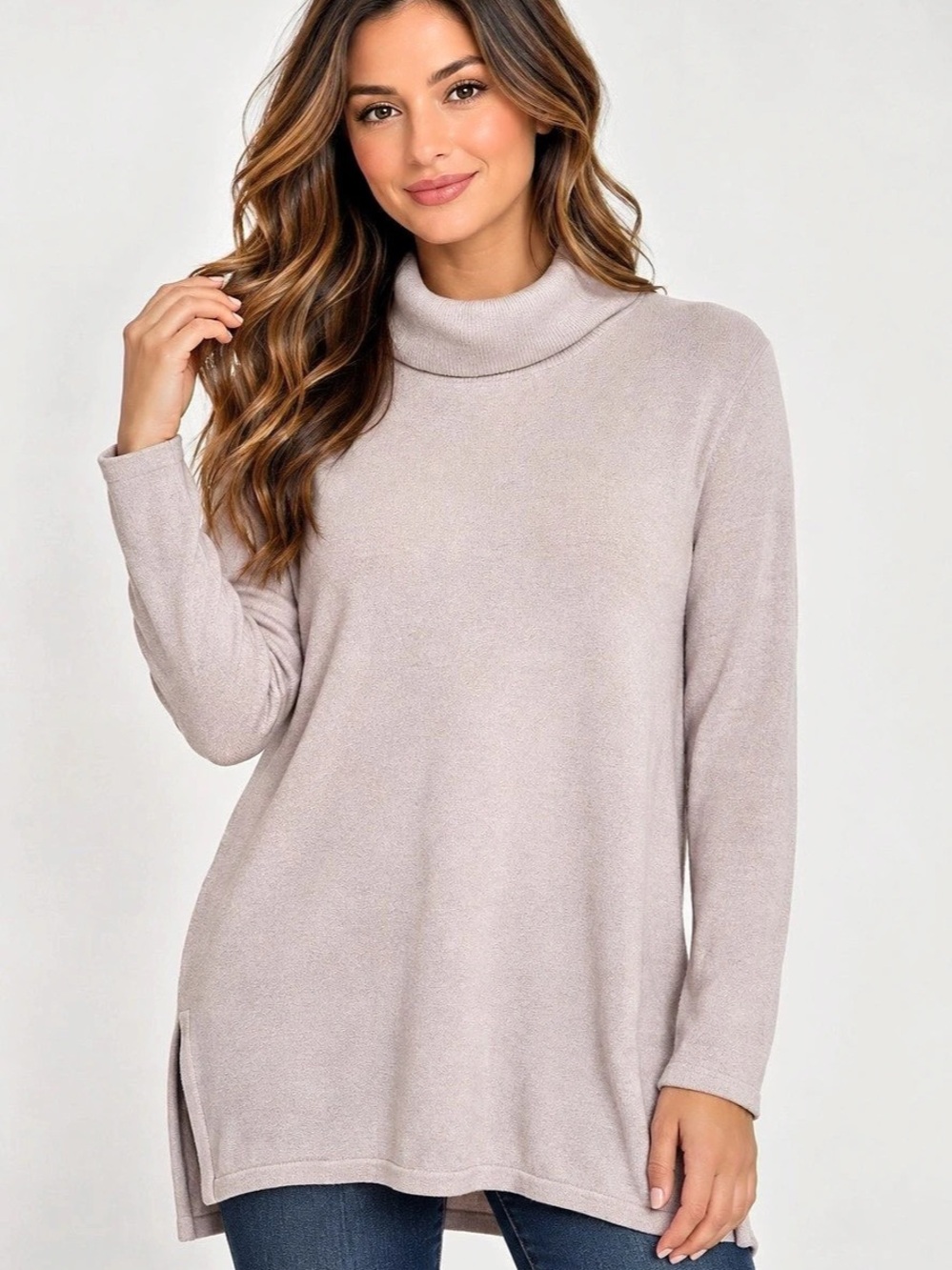 Chico’s Size 1 Pink Mock Neck Tunic Sweater Long Sleeve Side Slits Soft Knit
